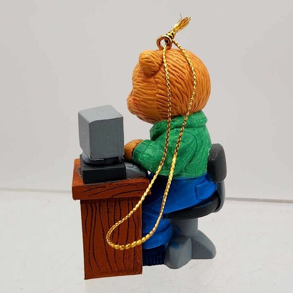 Vintage Teddy Bear w/ Computer at Desk Christmas Ornament Tech Guy Gift 1990s - Picture 2 of 7